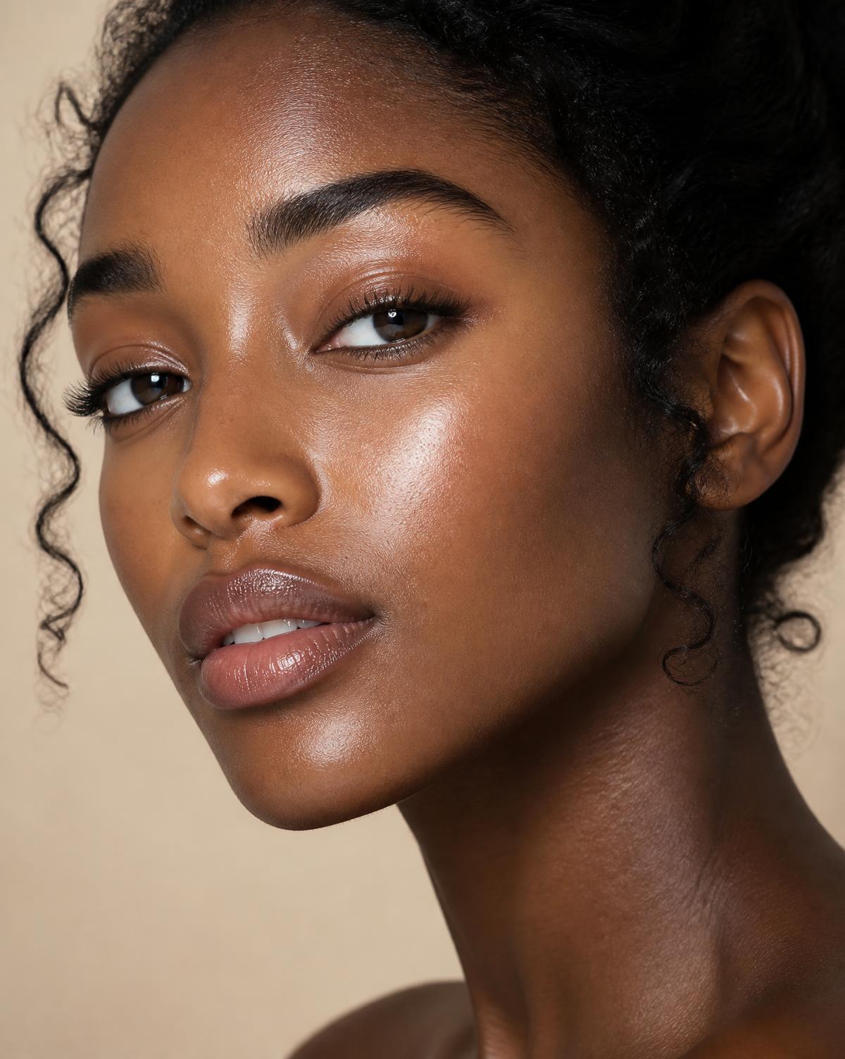 Close-up beauty portrait with luminous skin and minimal makeup