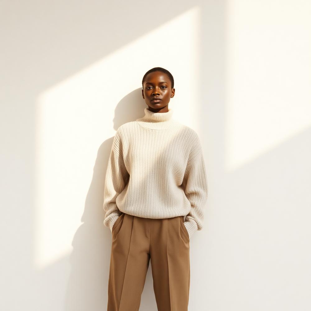 Model in cream knitwear against a sunlit wall